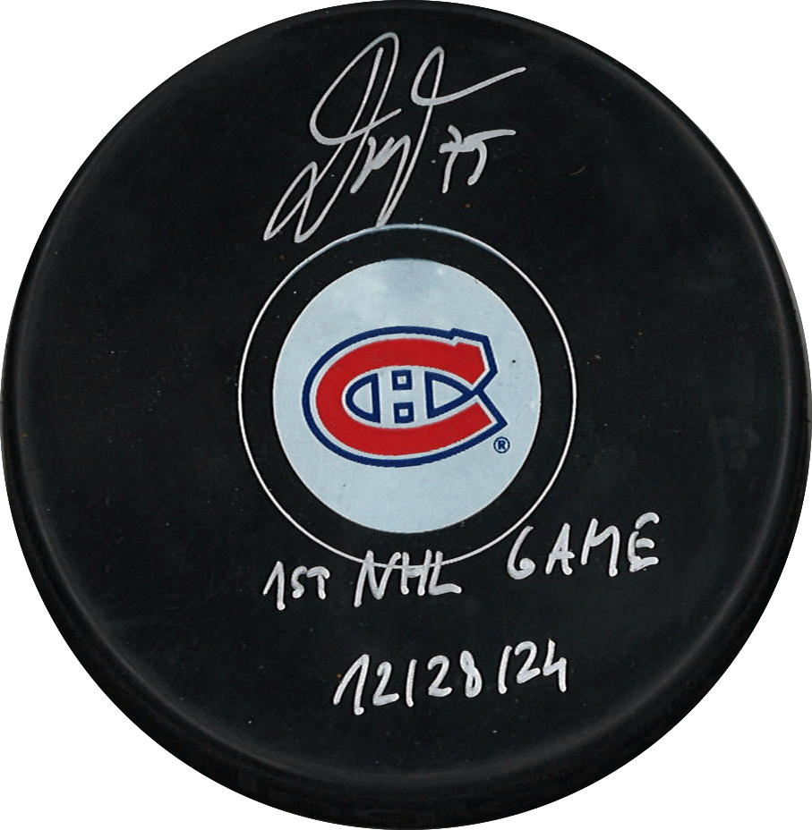 Jakub Dobes autographed puck with inscription - Montreal Canadiens