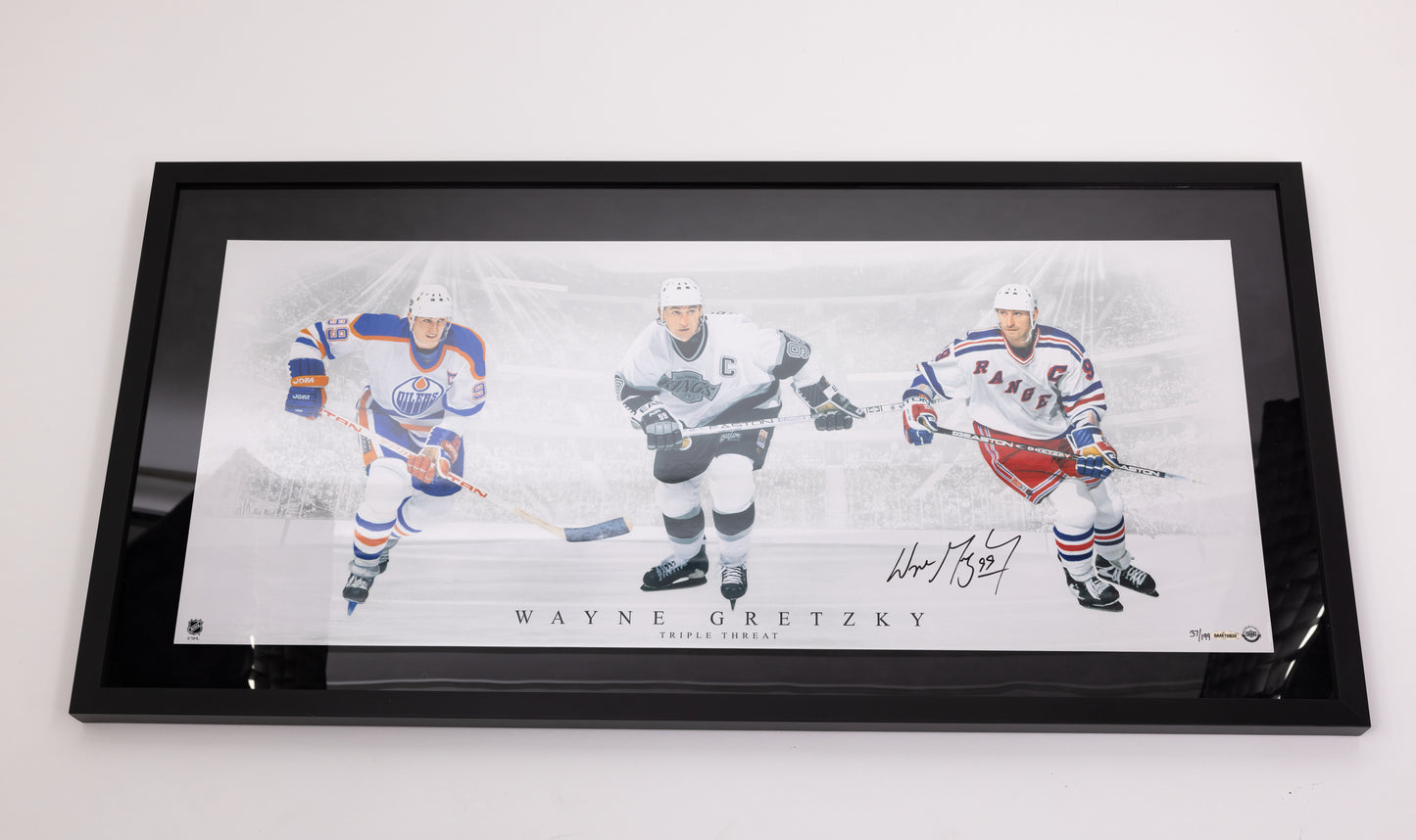 Wayne Gretzky autographed Triple Thread Oilers/Kings/Rangers 40x19 frame