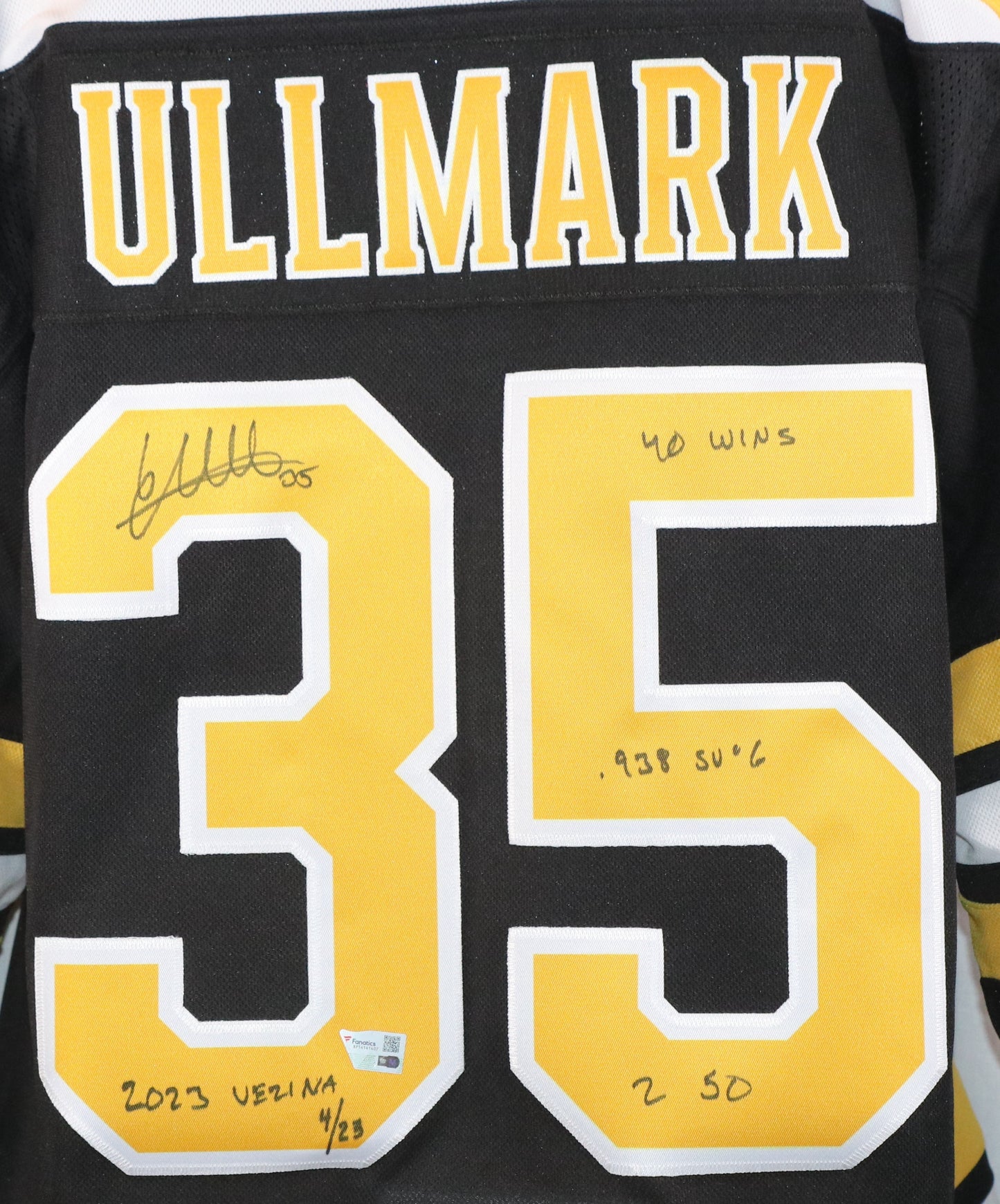 Boston Bruins Linus Ullmark Autographed Adidas Pro jersey with multiple Inscriptions numbered #4/23