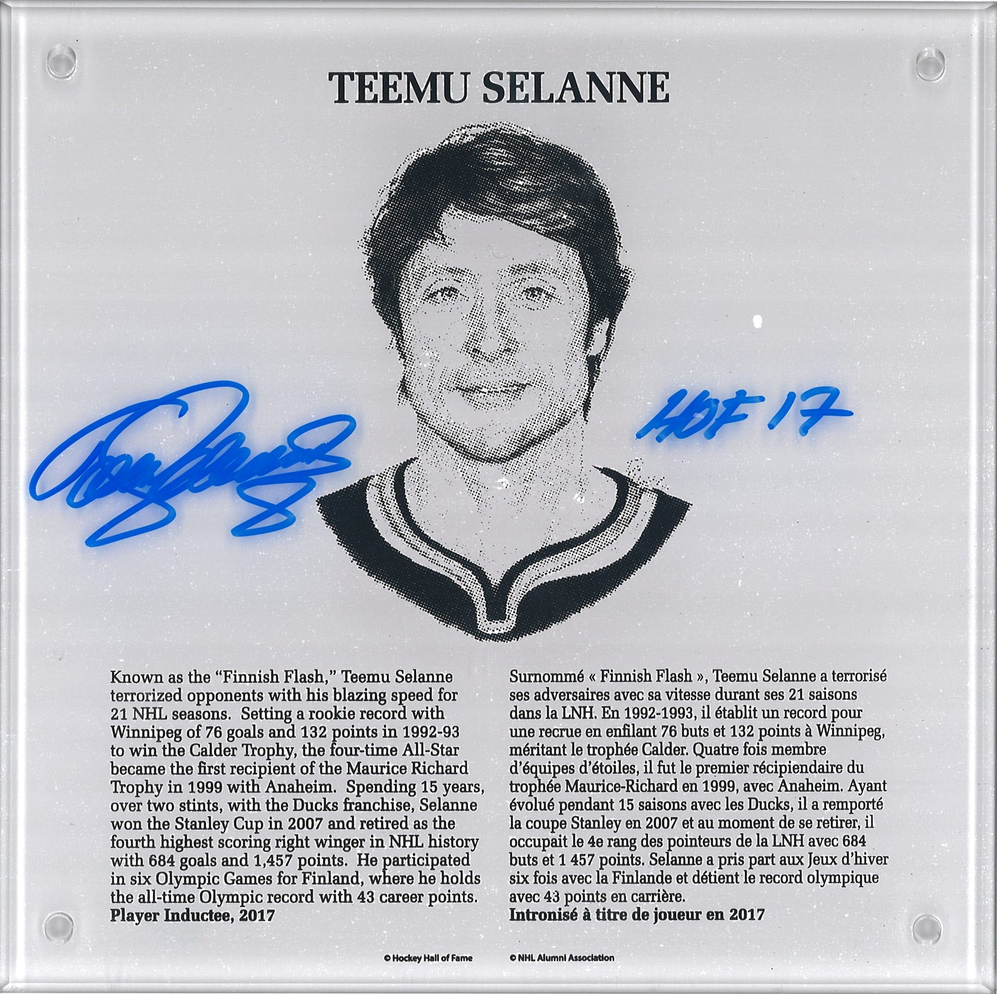 Teemu Selanne Hall of Fame HOF 9x9 plaque autographiée