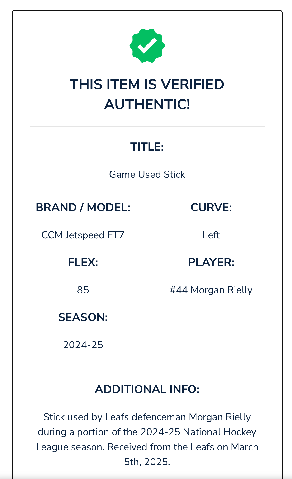 Morgan Rielly bâton GAME-USED Maple Leafs de Toronto certifié Real Sports Authentics