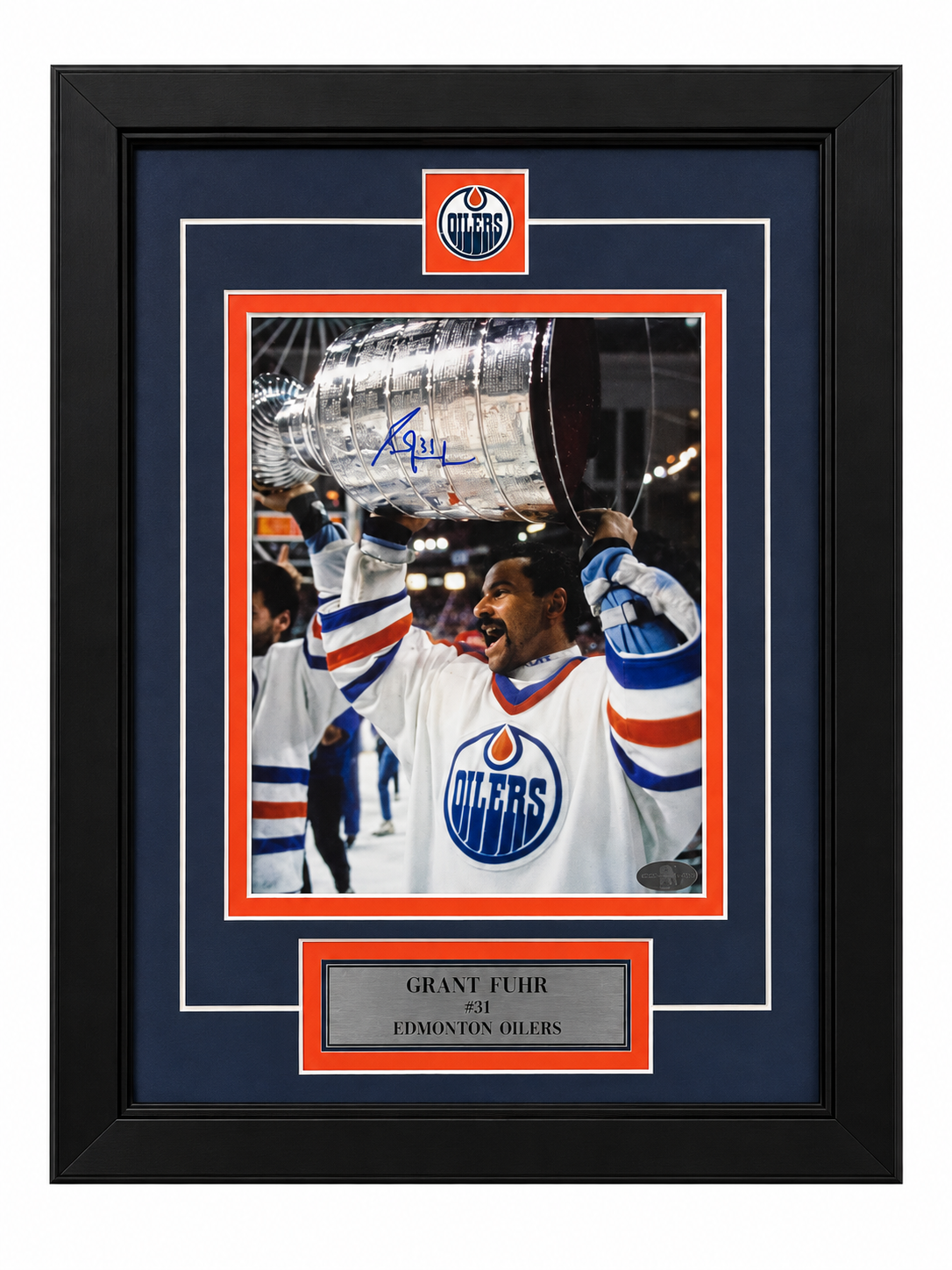 Grant Fuhr 8x10 encadré avec épinglette et plaque des Oilers d'Edmonton avec la Coupe Stanley