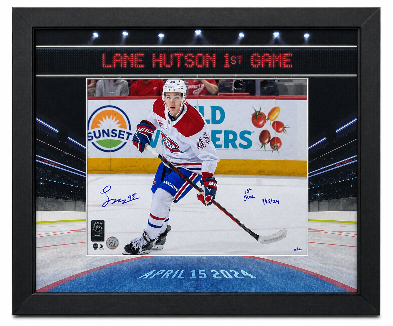 Lane Hutson framed 11x14 photo of the Montreal Canadiens inscribed 1st game 4/15/24 and #17/48