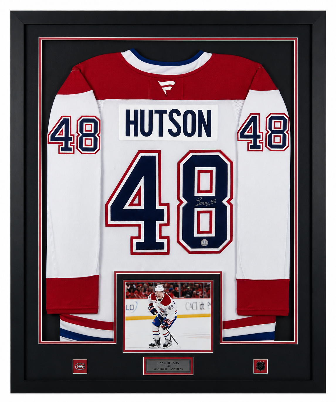 Lane Hutson gilet Fanatics Premium autographié et encadré certifié AJ Sports - gilet blanc