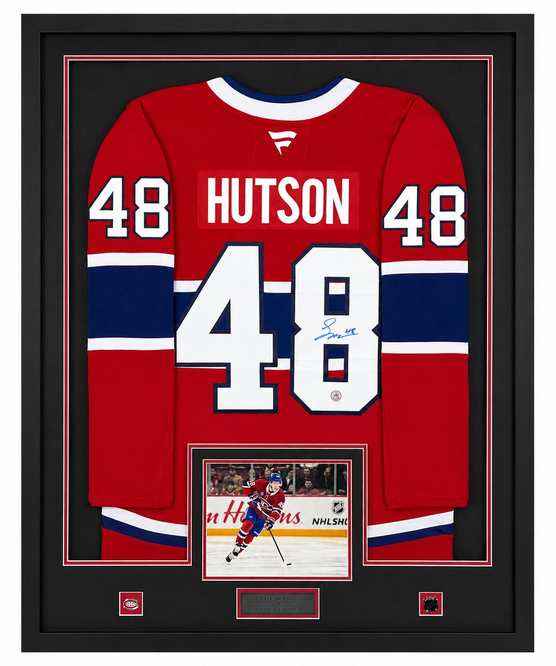 Lane Hutson gilet Fanatics Premium autographié et encadré certifié AJ Sports - gilet rouge