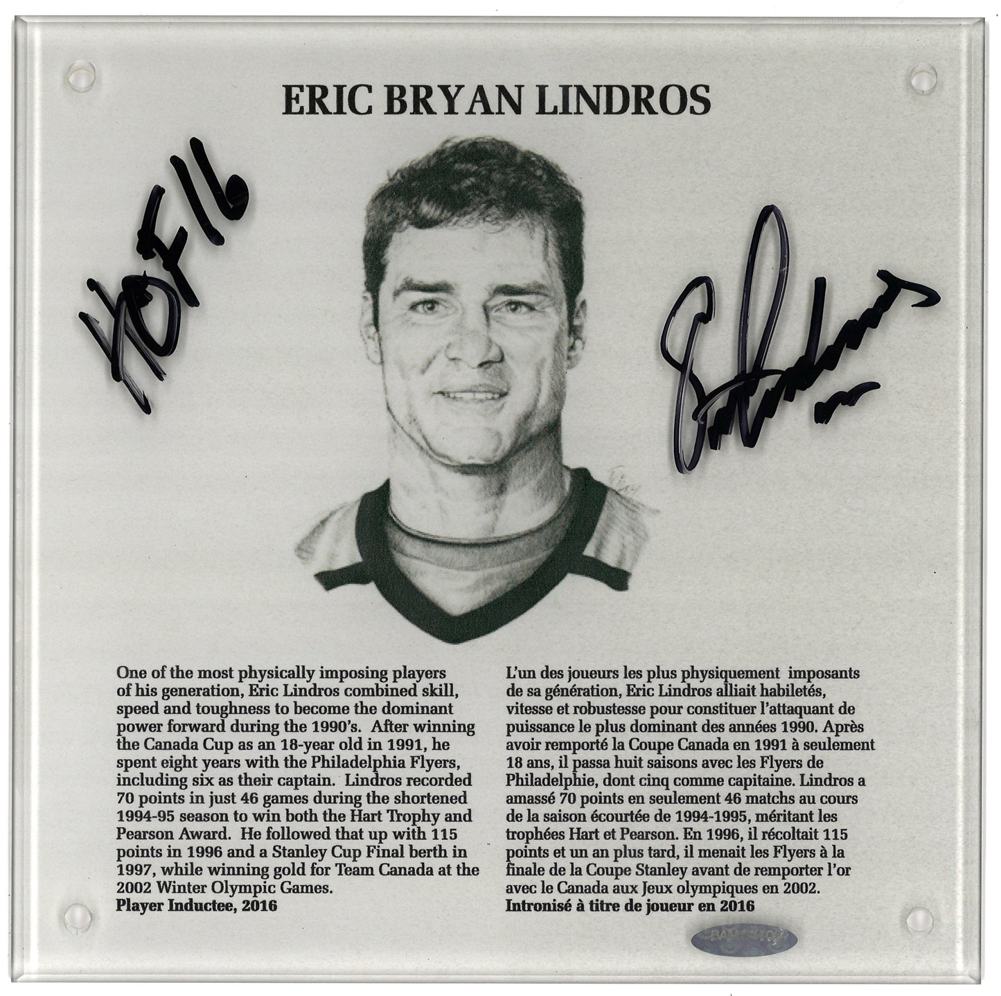 Eric Lindros Hall of Fame HOF 9x9 Autographed Plaque Upper Deck Authenticated