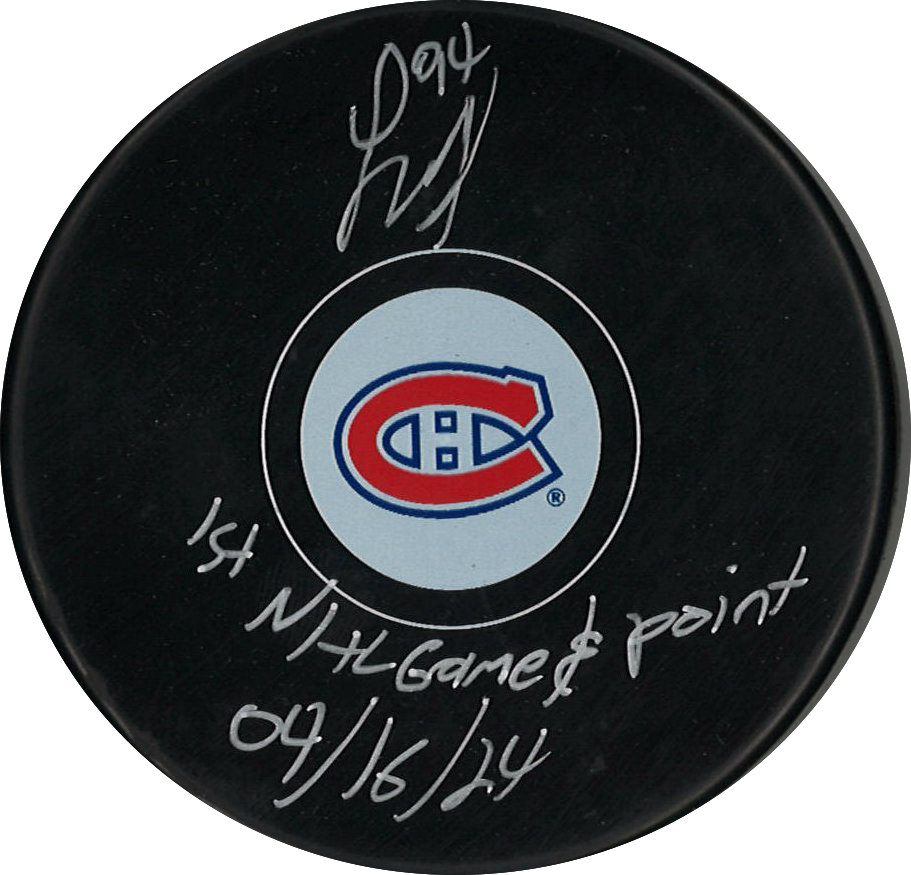 Logan Mailloux rondelle autographiée Canadiens de Montréal avec inscription