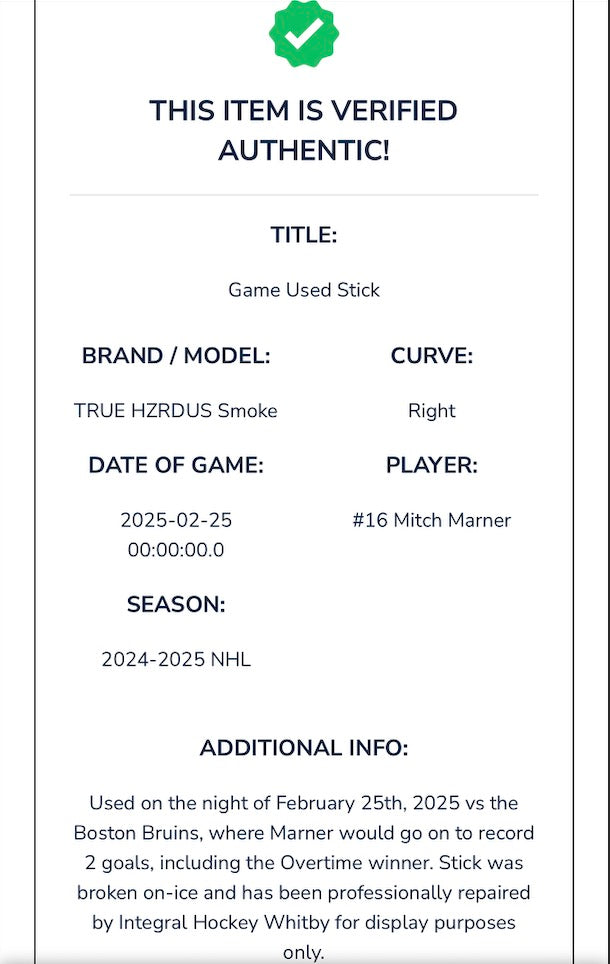 Mitch Marner game-used stick Toronto Maple Leafs -Boston Bruins with certificate and photomatch