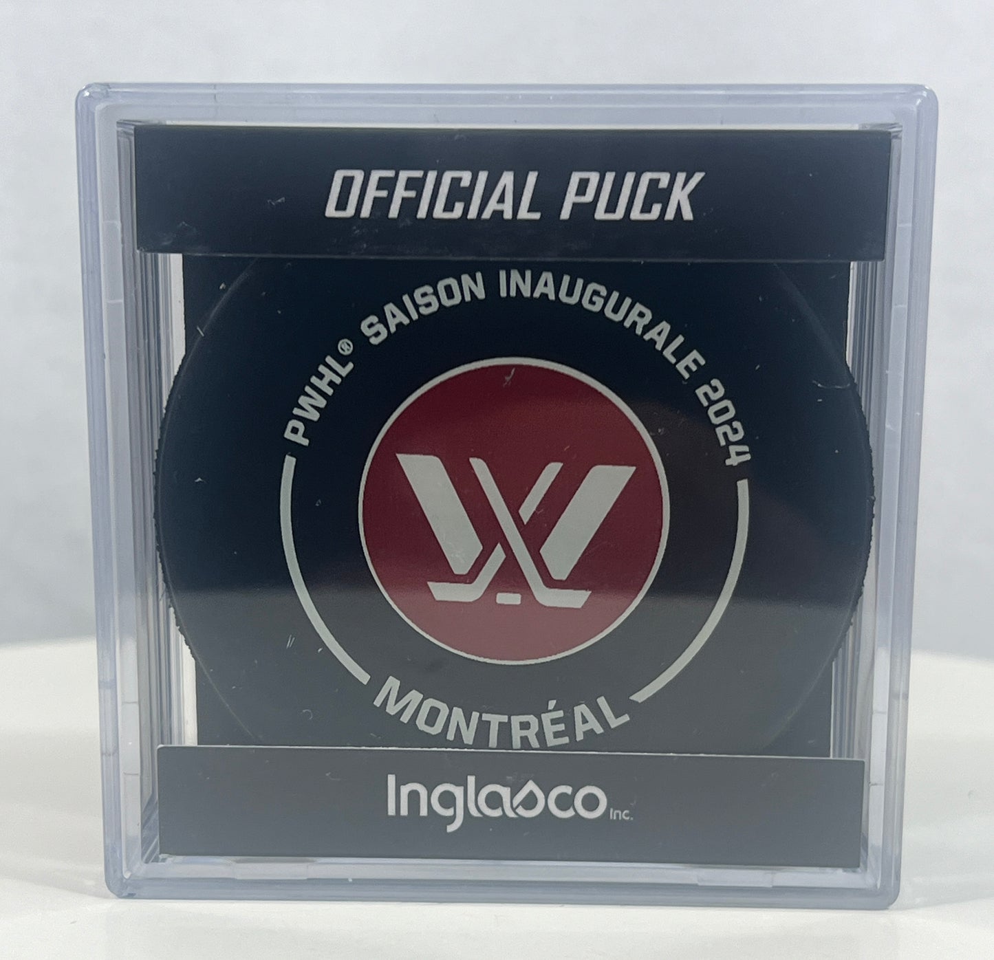 Official puck of the Montreal team of the PWHL (professional women's hockey league)