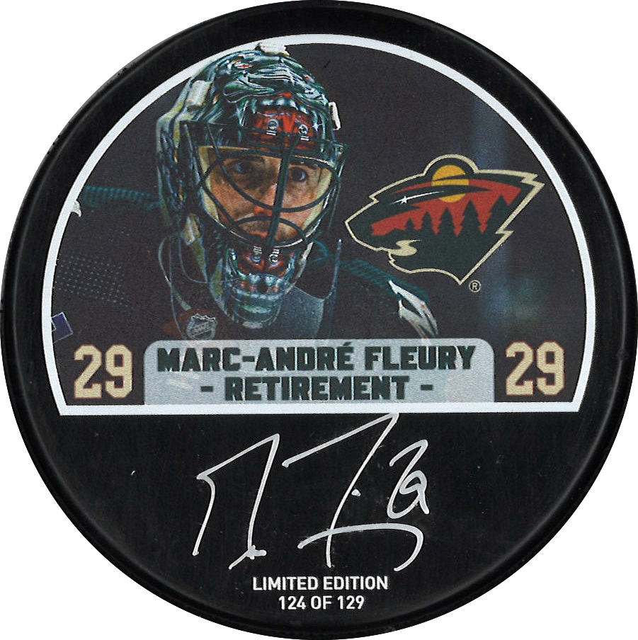Marc-Andre Fleury autographed puck, Retirement Limited Edition #124/129