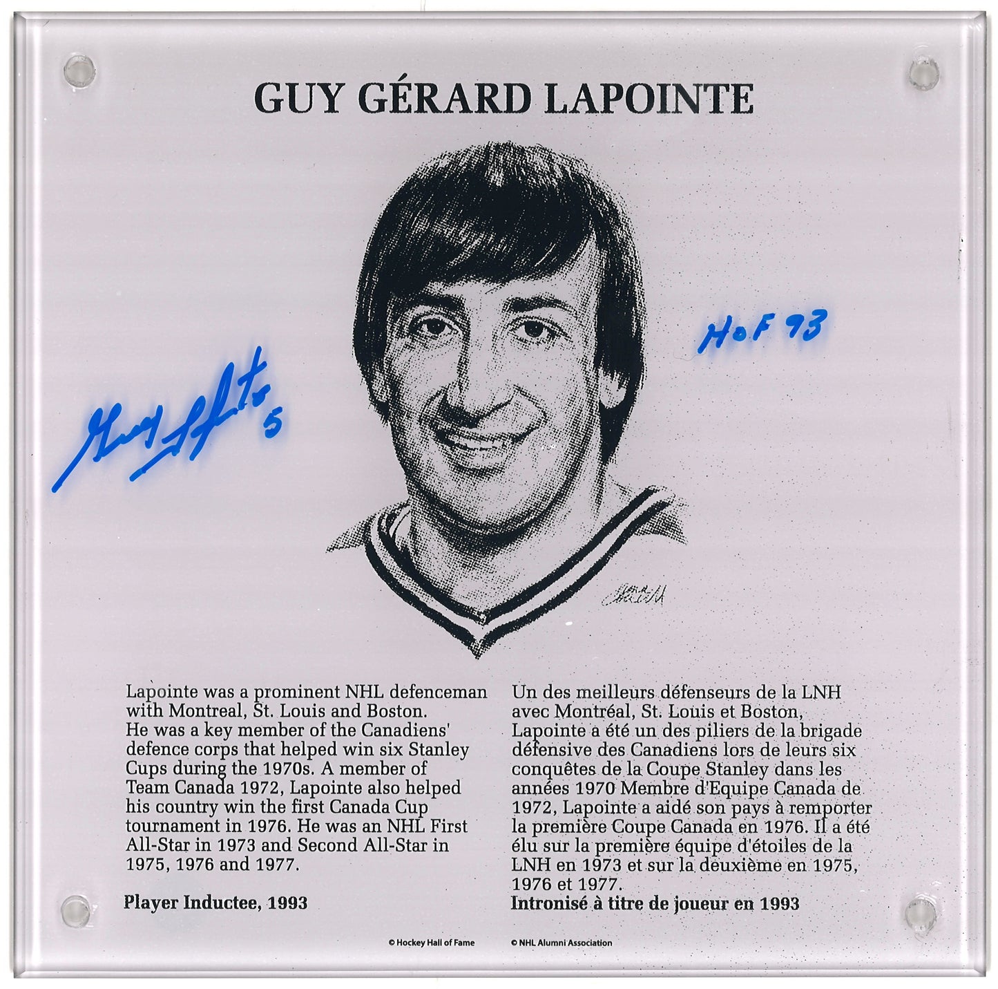 Guy Lapointe Hall of Fame HOF 9x9 plaque autographiée