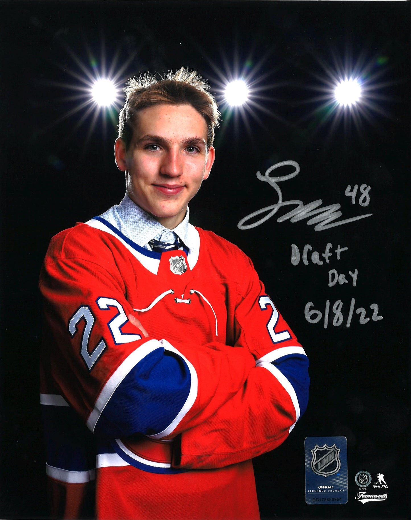 Lane Hutson photo 8x10 autographiée Canadiens de Montréal avec inscription - Closeup