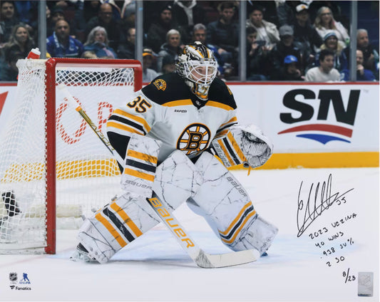 Linus Ullmark autographed 16x20 Boston Bruins photo  with multiple inscriptions and numbered #6/23