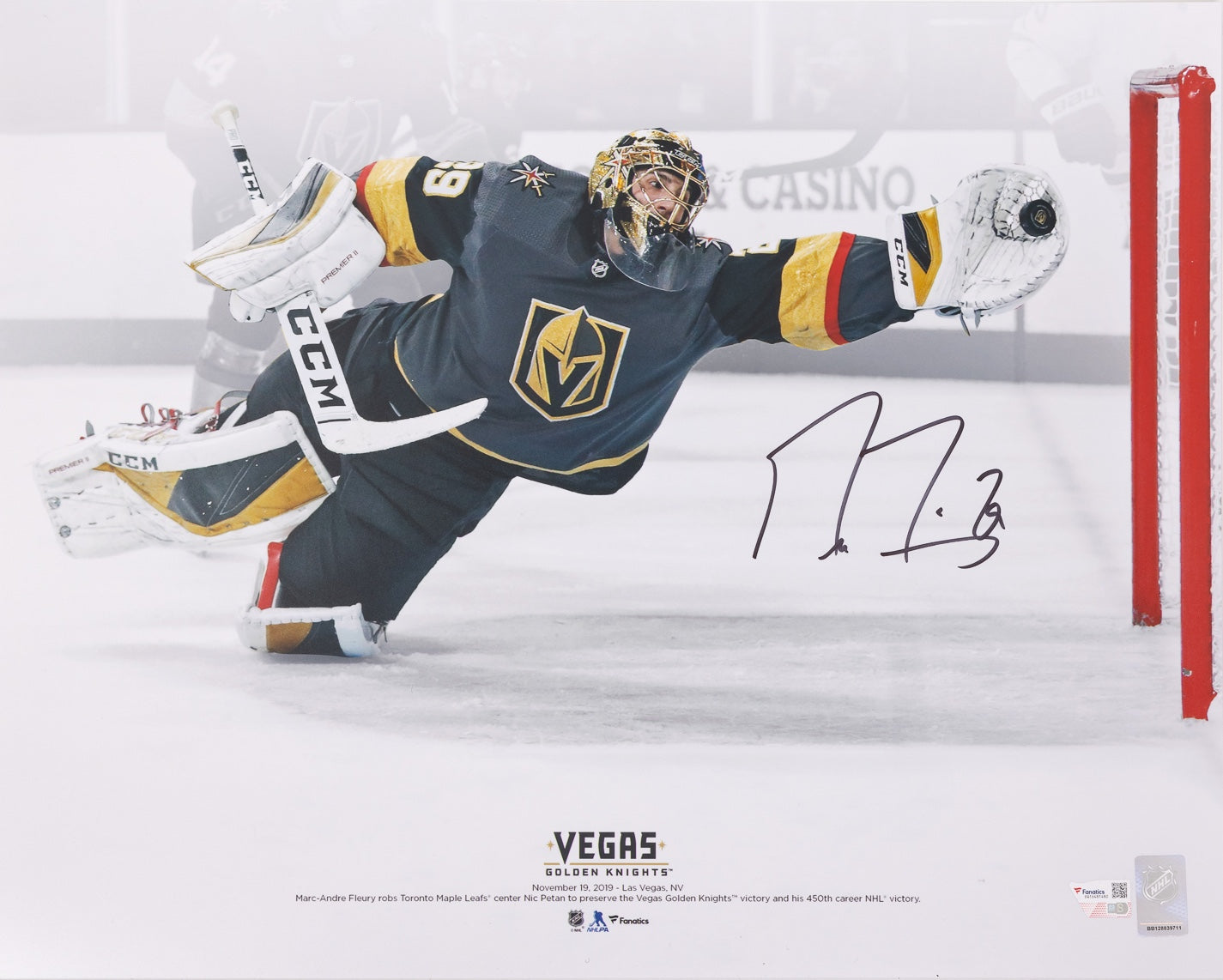 Marc-André Fleury photo 16x20 autographiée "BIG SAVE" Golden Knight Las Vegas