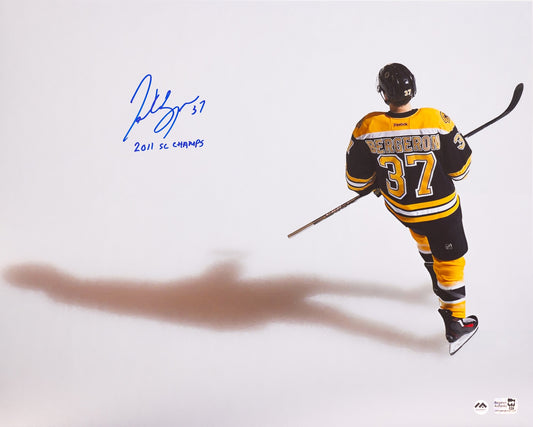 Patrice Bergeron photo 16x20 autographiée avec inscription "2011 SC CHAMPS" Bruins de Boston