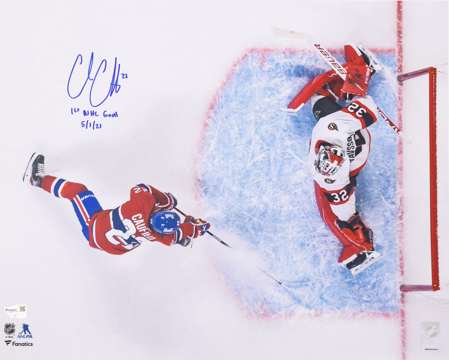 Cole Caufield photo 16x20 autographiée avec inscription 1st NHL Goal 5/1/21 Canadiens de Montréal