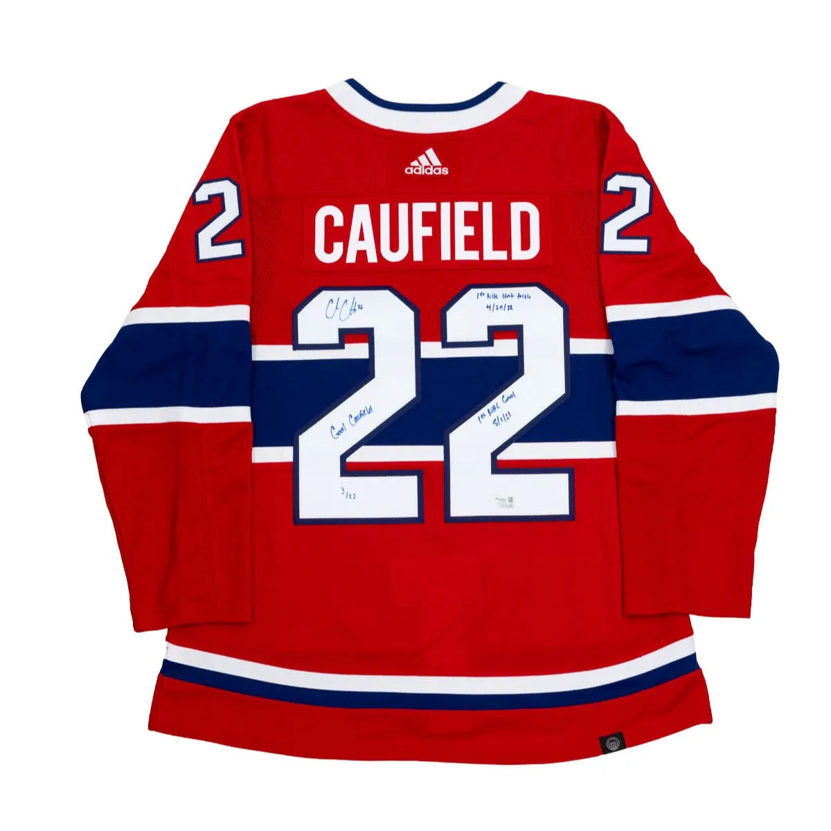 Cole Caufield gilet ADIDAS authentic autographié #/22 et avec plusieurs inscriptions Canadiens de Montréal