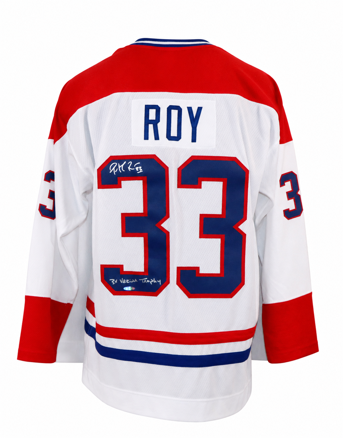 Patrick Roy autographed Mitchell & Ness Montreal Canadiens jersey with 3 X VEZINA TROPHY inscription