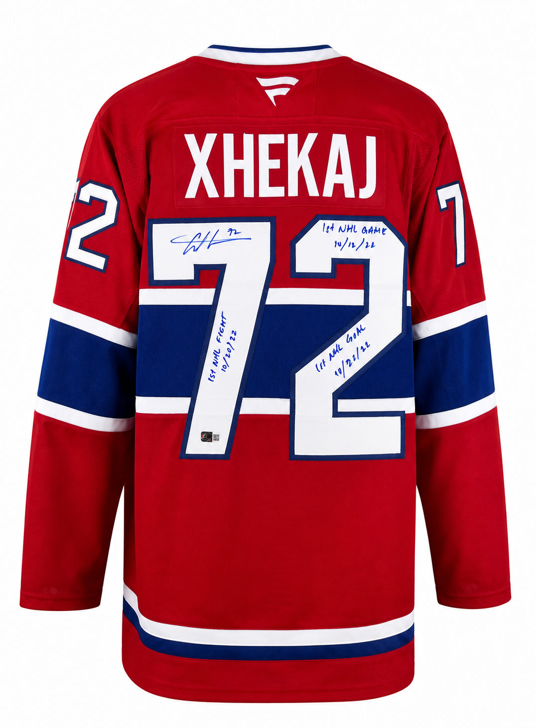 Arber Xhekaj gilet Fanatics Premium autographié des Canadiens de Montréal avec plusieurs inscriptionss