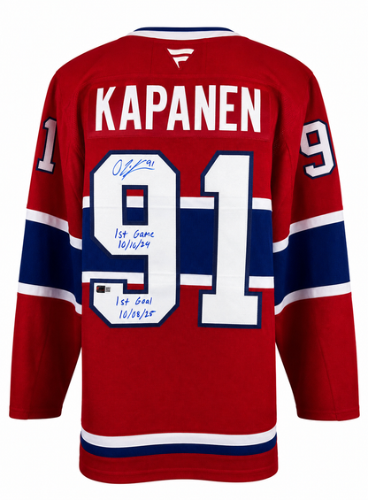 Oliver Kapanen autographed Fanatics Premium jersey with 2 inscriptions 1st Game 10/10/24 and 1st Goal 10/8/25