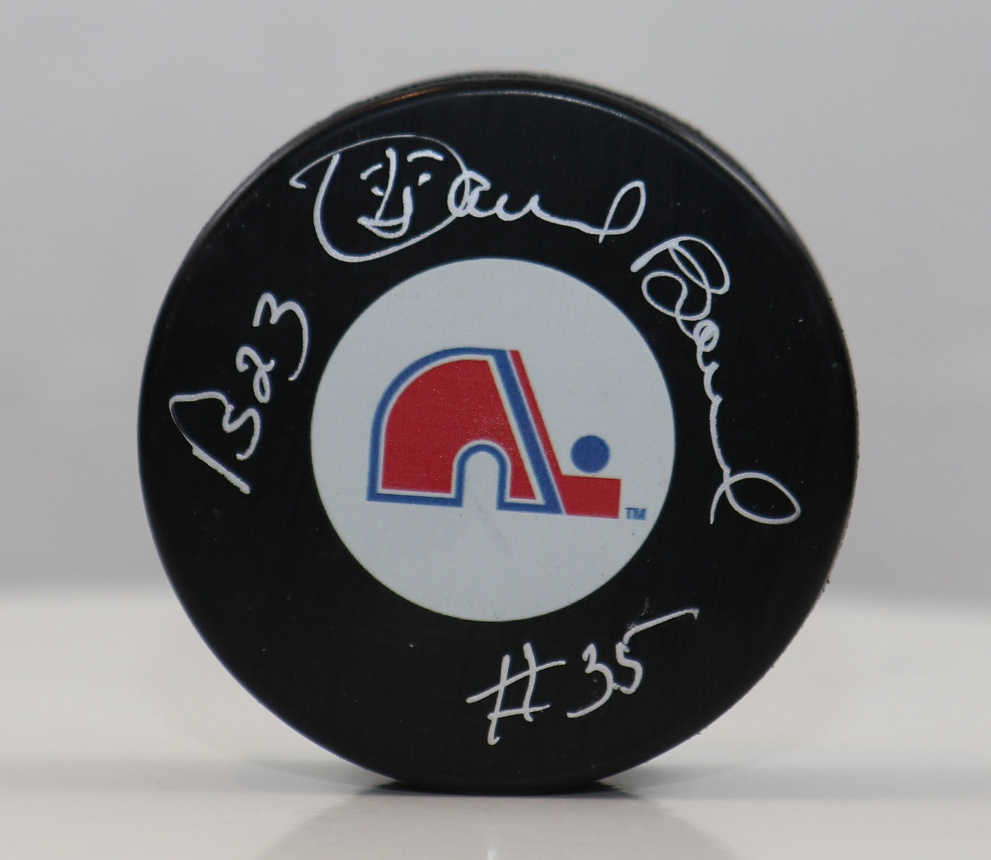 Daniel Bouchard rondelle NHL autographiée des Nordiques de Québec avec inscription