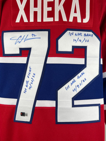 Arber Xhekaj gilet Fanatics Premium autographié des Canadiens de Montréal avec plusieurs inscriptionss