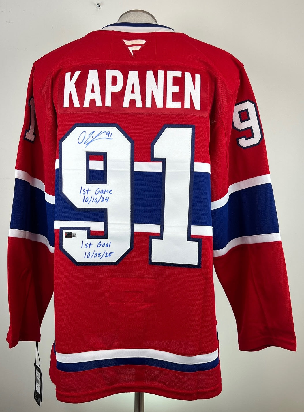 Oliver Kapanen autographed Fanatics Premium jersey with 2 inscriptions 1st Game 10/10/24 and 1st Goal 10/8/25