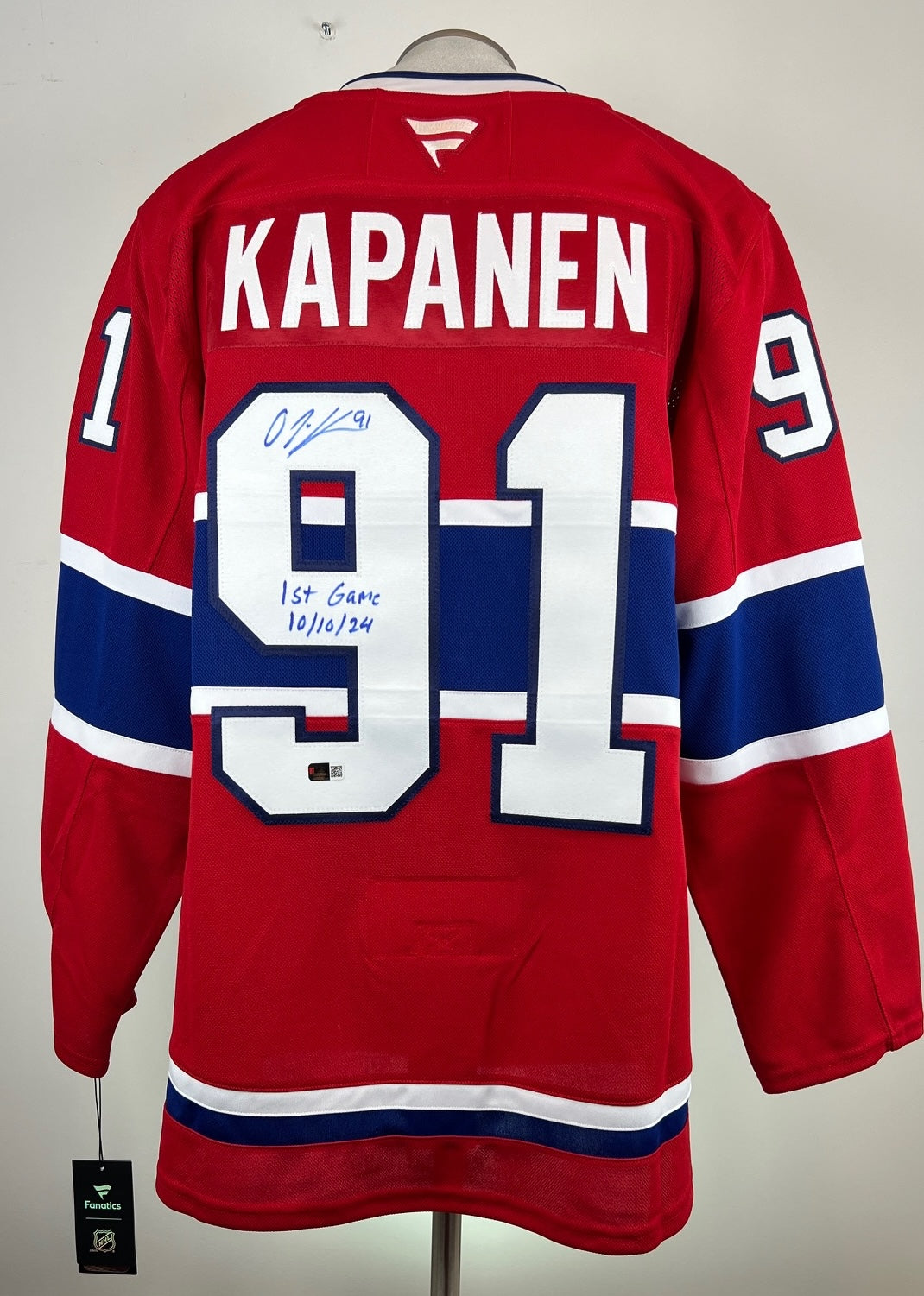 Oliver Kapanen autographed Fanatics Premium jersey with "1st Game 10/10/24" inscription