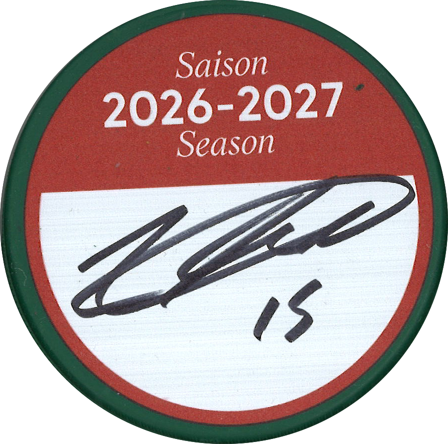 Alex Newhook rondelle DU TOURNOI DE GOLF 26-27 autographiée et certifiée