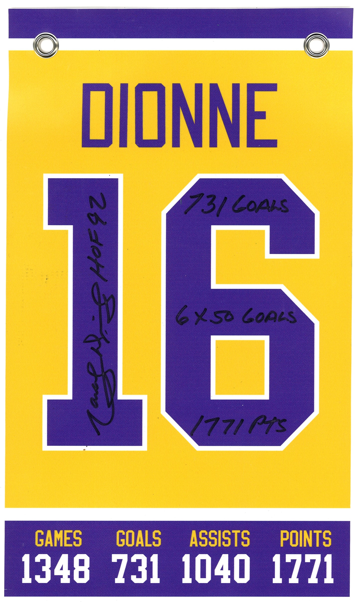 Marcel Dionne Mini-Bannière autographiée aux couleurs des Kings de Los Angeles