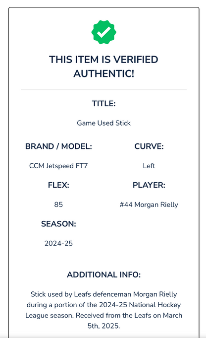 Morgan Rielly bâton GAME-USED Maple Leafs de Toronto certifié Real Sports Authentics