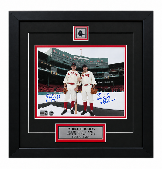 Patrice Bergeron and Brad Marchand 8x10 framed photo with pin and plaque Boston Bruins