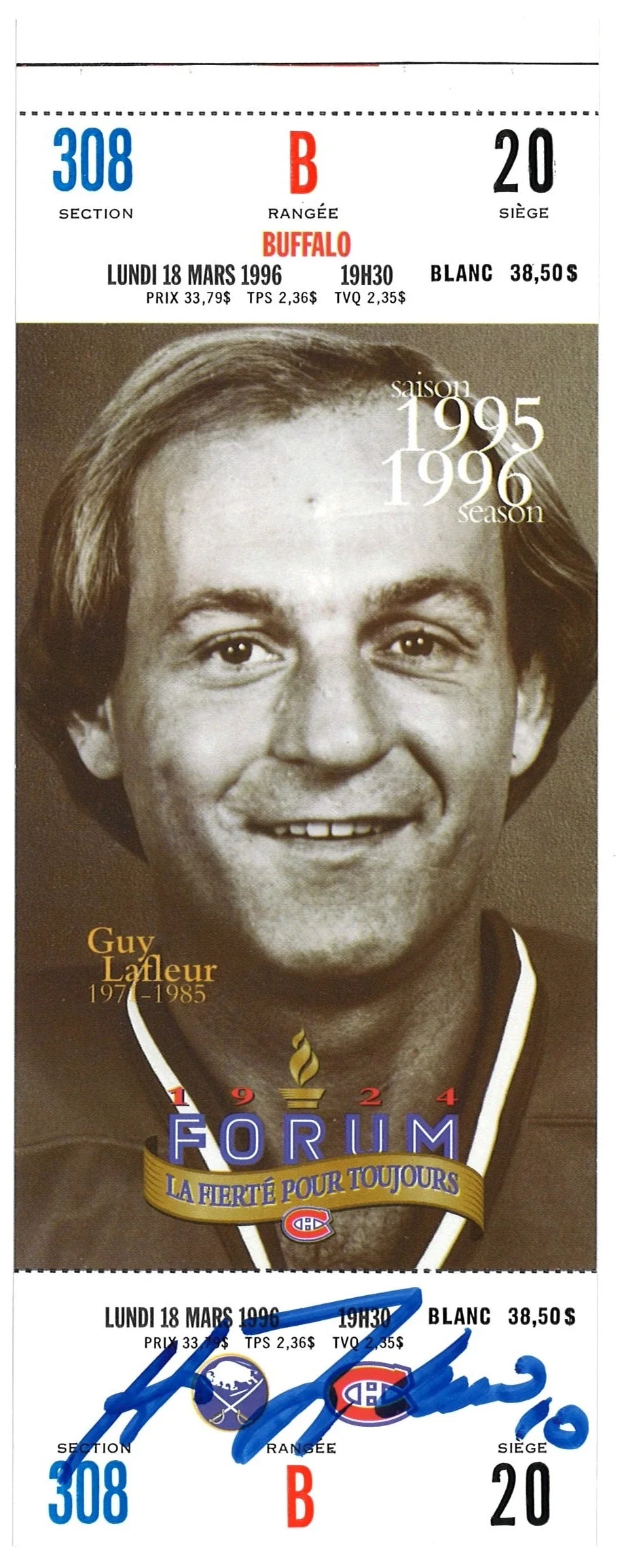 Guy Lafleur Billet Match autographié