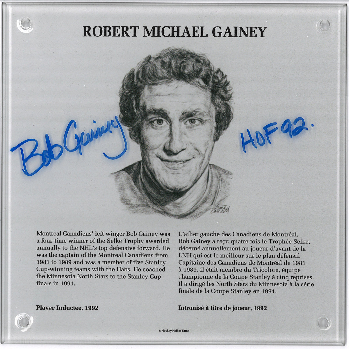 Bob Gainey plaque HOF autographiée Canadiens de Montréal