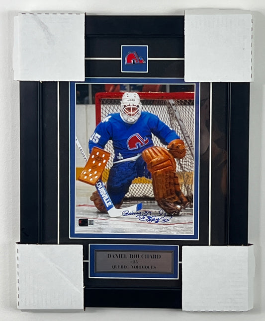 Daniel Bouchard 8x10 encadré avec épinglette et plaque des Nordiques de Québec