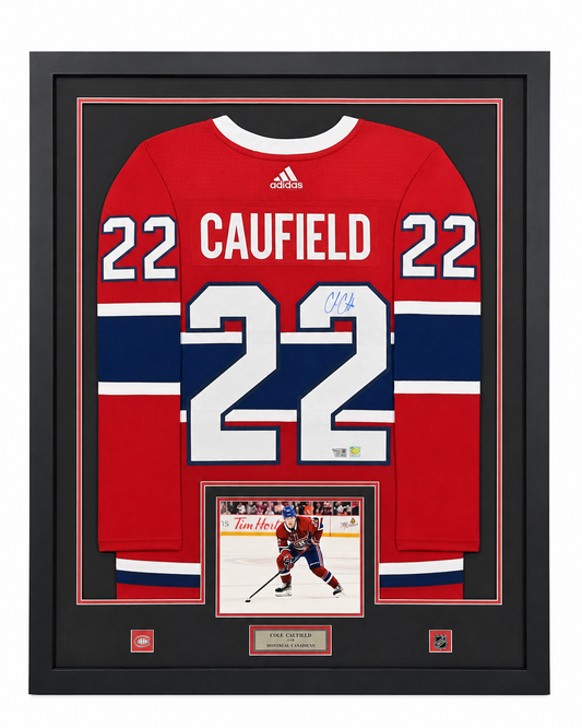Cole Caufield gilet Adidas autographié et encadré certifié Fanatics - gilet rouge
