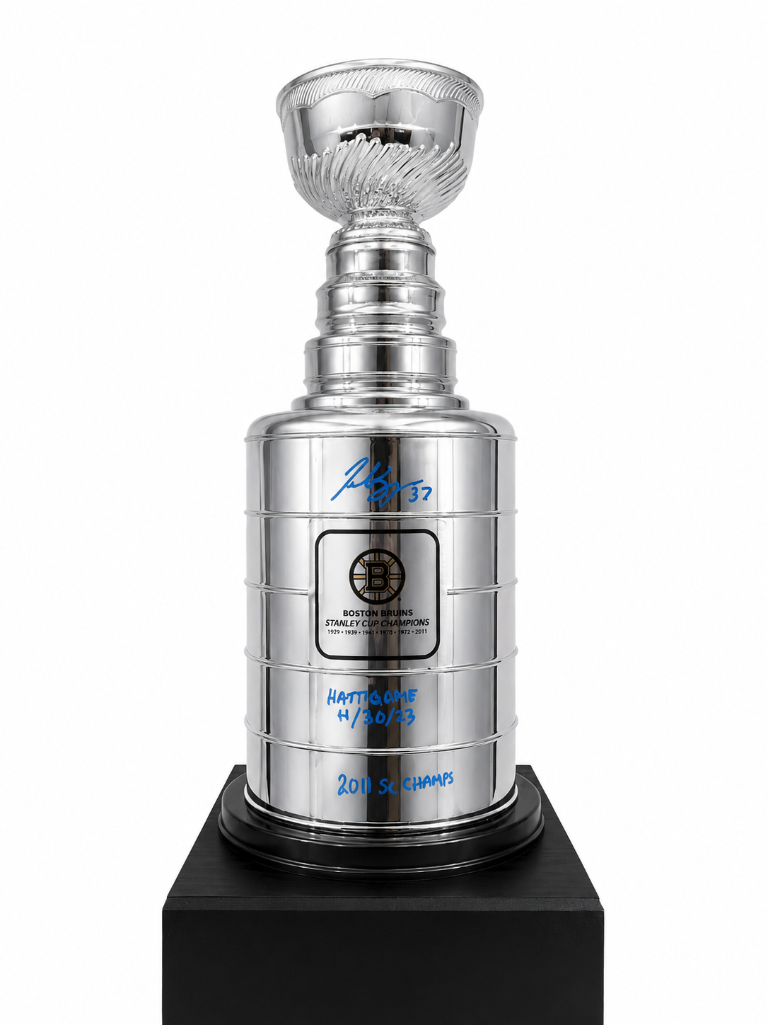 Patrice Bergeron Autographed 25-inch Stanley Cup with 2 Boston Bruins inscriptions
