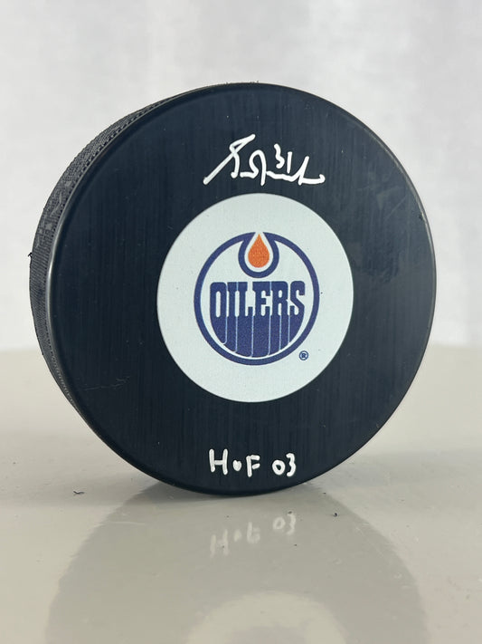 Grant Fuhr rondelle NHL autographiée des Oilers d’Edmonton avec inscription