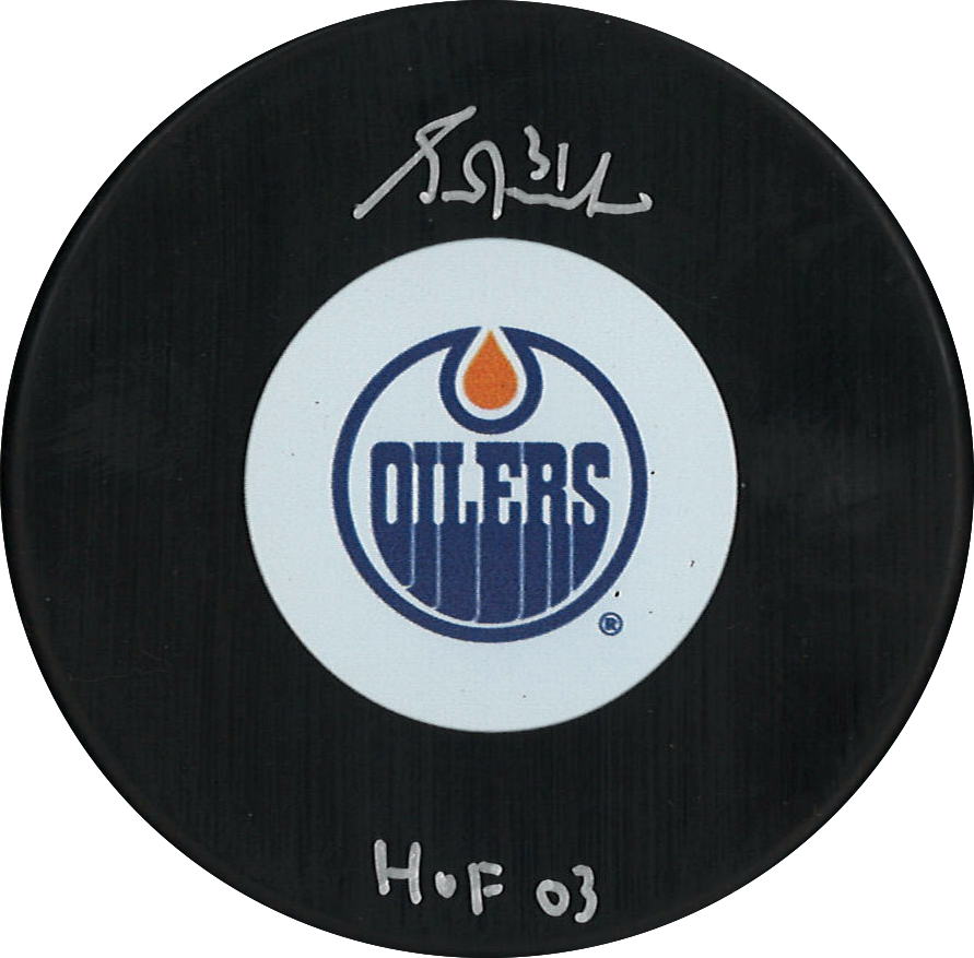 Grant Fuhr Autographed Edmonton Oilers NHL Puck with inscription