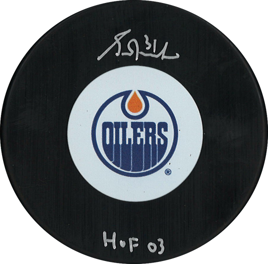 Grant Fuhr Autographed Edmonton Oilers NHL Puck with inscription