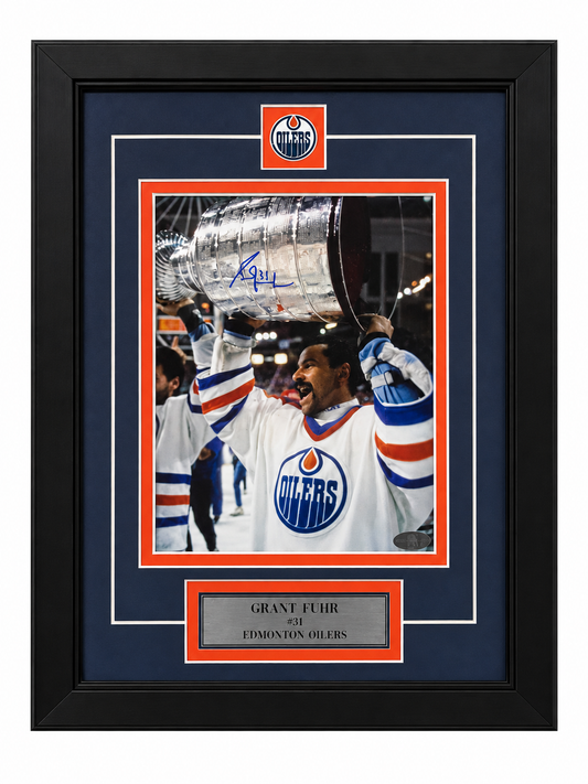 Framed 8x10 Grant Fuhr photo with pin and plaque Edmonton Oilers  featuring the Stanley Cup