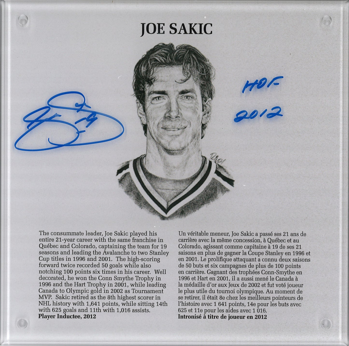 Joe Sakic Hall of Fame HOF 2012 plaque 9x9 autographiée