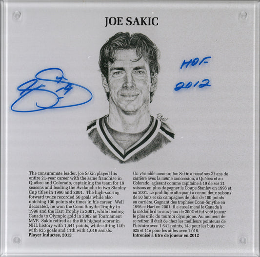 Joe Sakic Hall of Fame HOF 2012 plaque 9x9 autographiée