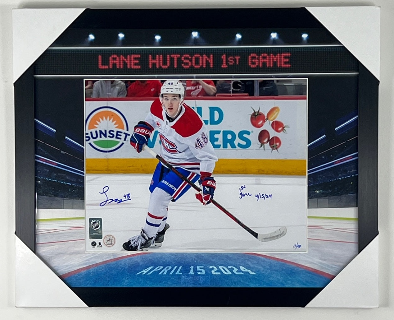 Lane Hutson framed 11x14 photo of the Montreal Canadiens inscribed 1st game 4/15/24 and #17/48