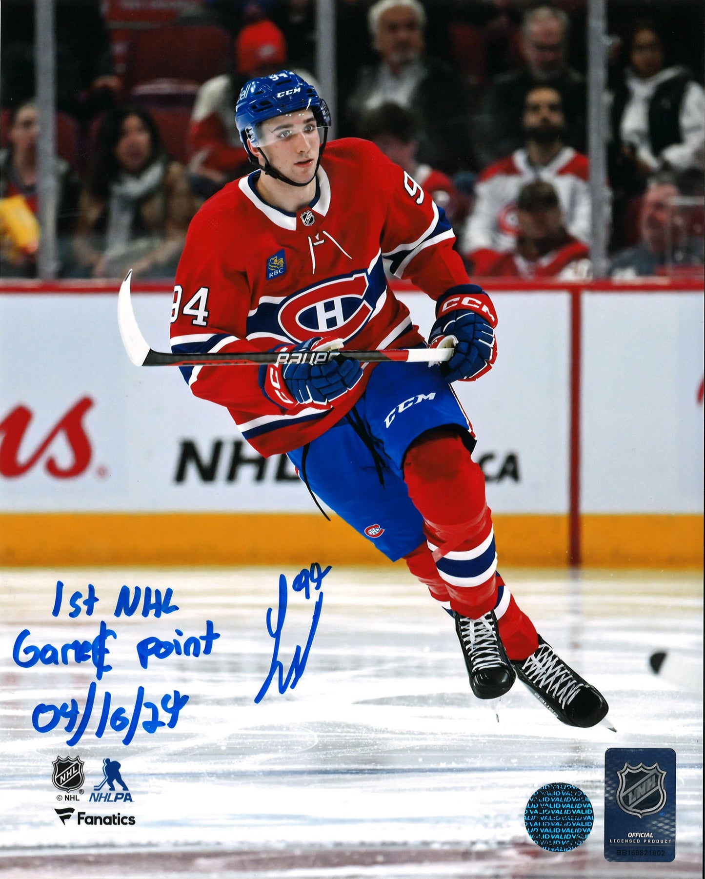 Logan Mailloux auto 8x10 Canadiens de Montréal avec inscription