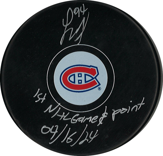 Logan Mailloux rondelle autographiée Canadiens de Montréal avec inscription