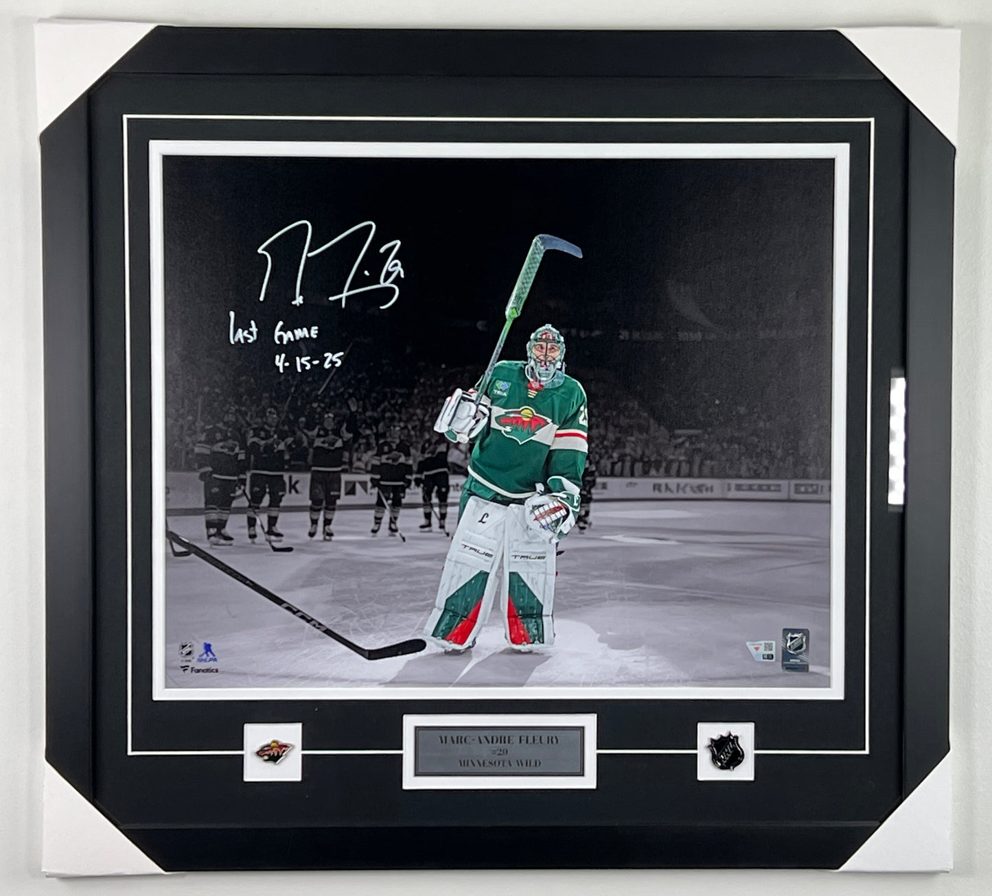 Marc-Andre Fleury framed 16x20 photo inscribed LAST GAME 4/15/25 Minnesota Wild