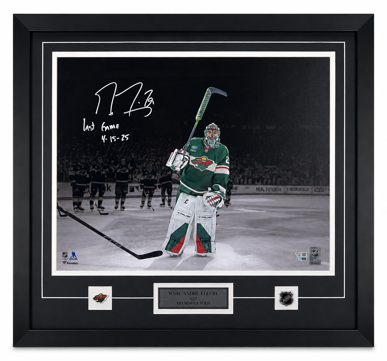 Marc-Andre Fleury framed 16x20 photo inscribed LAST GAME 4/15/25 Minnesota Wild