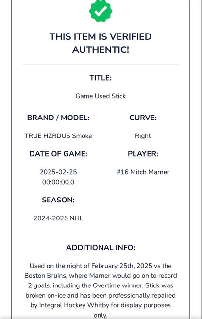 Mitch Marner game-used stick Toronto Maple Leafs -Boston Bruins with certificate and photomatch
