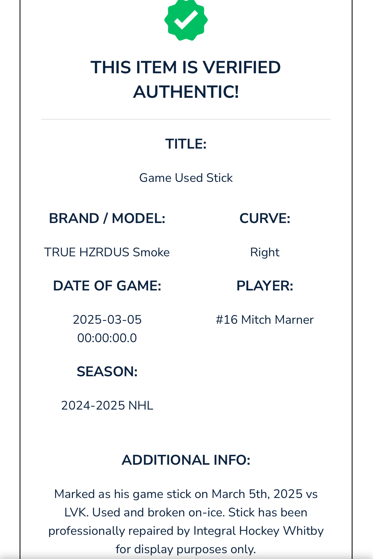 Mitch Marner game-used stick for Toronto Maple Leafs - Vegas Golden Knights with certificate of authenticity